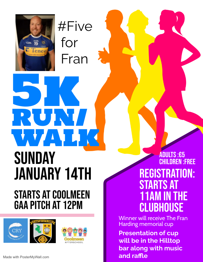 CRYIre's tweet photo. ⏰12 pm start for the 5k #FiveForFran @CoolmeenGAA.
Registration 11am in the Clubhouse
Winner will receive the Fran Harding Memorial Cup🏆
#RememberingFran https://t.co/4wuozeyGeh