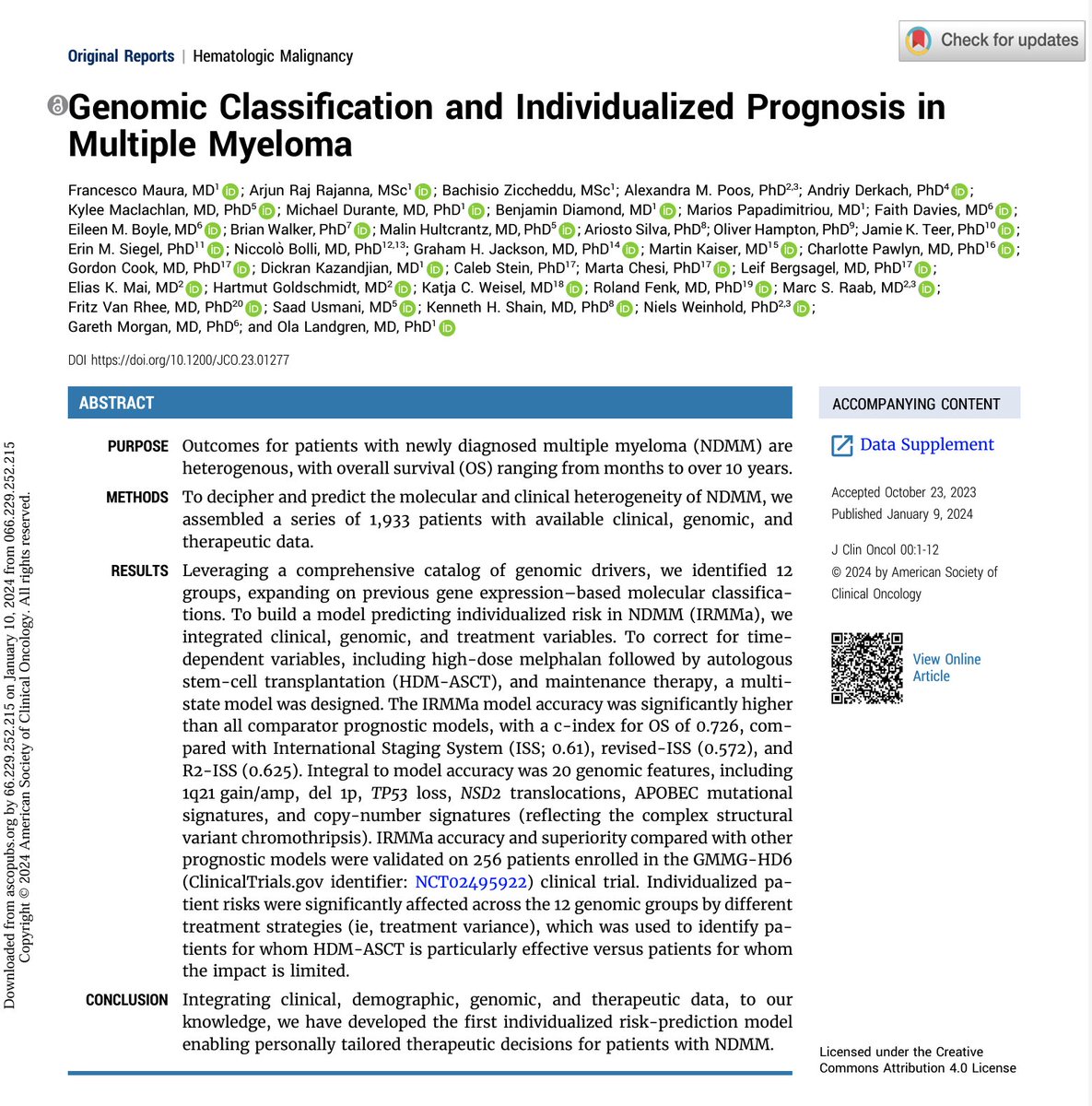 Excited to see our new paper entitled 'Genomic Classification and Individualized Prognosis in Multiple Myeloma' out on @JCO_ASCO! A fantastic collaboration between @SylvesterCancer, @univmiami, @MSKCancerCenter, @nyulangone, @MoffittNews, @HDMyeloma and many others!! #mmsm (1/x)