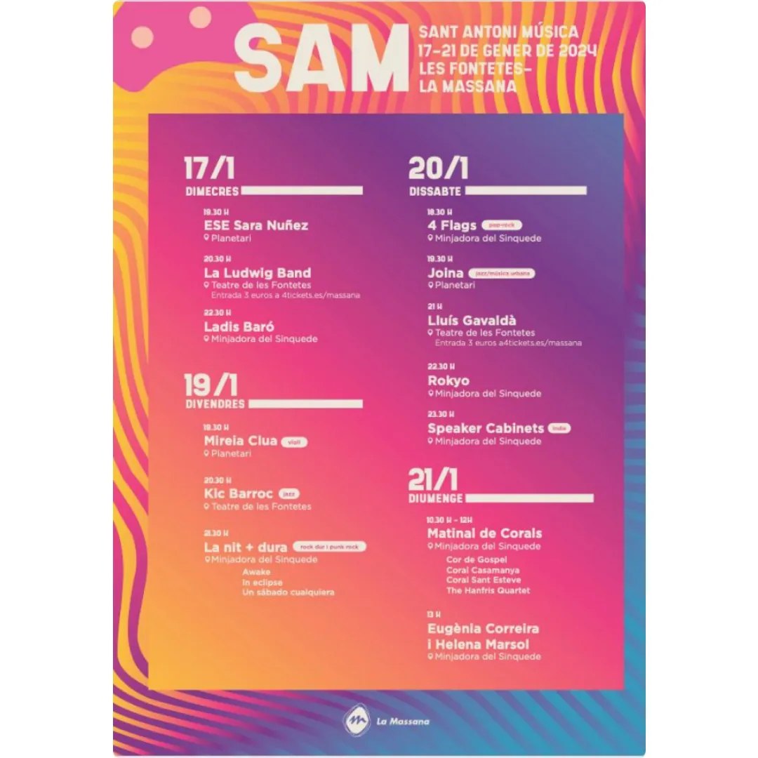fourflagsmusic's tweet photo. El dissabte 20 de gener tornem als escenaris al #SAM24 !!
Serà a les 18.30 en la Minjadora del Sinquede a @lamassana i el concert portarà sorpreses!!
Us esperem!!! https://t.co/aD2yCV9VGs
