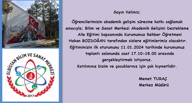 Elbistan Bilim ve Sanat Merkezi (@elbistanbilsem) on Twitter photo Rehber öğretmenimiz HAKAN BOZDOĞAN tarafından yapılacak olan eğitimimize davetlisiniz . Katılımınız bizim ve çocuklarımız için kıymetlidir. Tarih 11 Ocak Perşembe saat 17.10 - 18.00 arası kurumumuzda olacaktır. <a href="/tcmeb/">Millî Eğitim Bakanlığı</a> <a href="/elbistanmem/">Elbistan İlçe Milli Eğitim Müdürlüğü 🇹🇷</a> <a href="/fatihelb46/">Mehmet TURAÇ</a> Rehber öğretmenimiz HAKAN BOZDOĞAN tarafından yapılacak olan eğitimimize davetlisiniz . Katılımınız bizim ve çocuklarımız için kıymetlidir. Tarih 11 Ocak Perşembe saat 17.10 - 18.00 arası kurumumuzda olacaktır. <a href="/tcmeb/">Millî Eğitim Bakanlığı</a> <a href="/elbistanmem/">Elbistan İlçe Milli Eğitim Müdürlüğü 🇹🇷</a> <a href="/fatihelb46/">Mehmet TURAÇ</a>