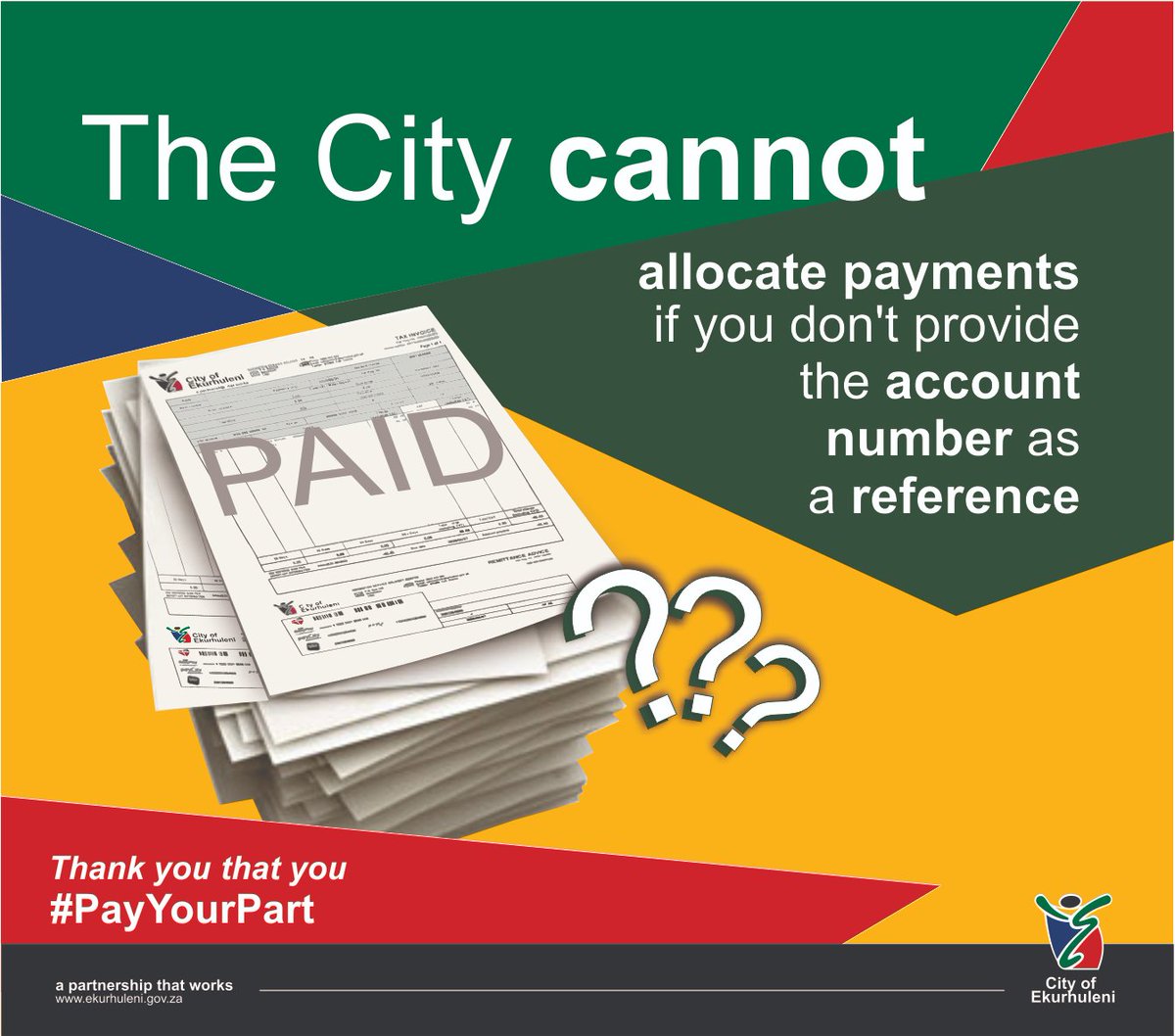 City_Ekurhuleni's tweet image. The City thanks you that you #PayYourPart each month. Please remember to always use your account number as a reference when making payment so that we are able allocate the payment to your account.