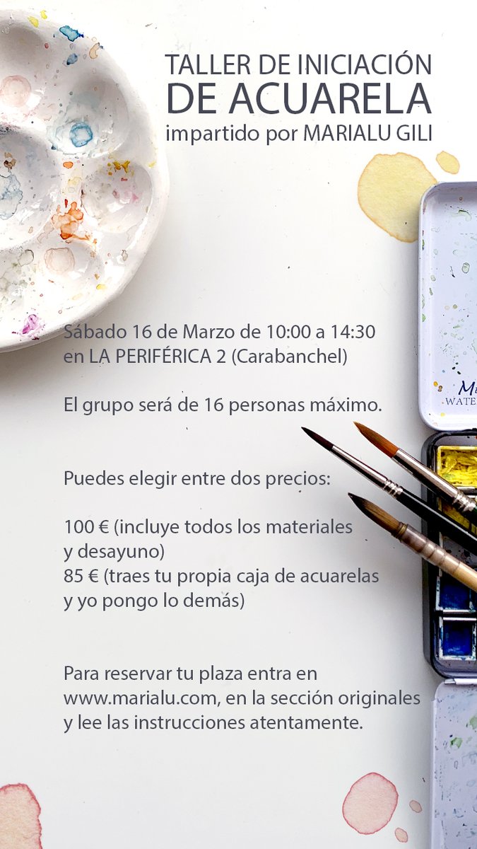 Starenrojo's tweet photo. Ya tienes lista tu inscripción al taller de acuarela que voy a impartir el 16 de marzo. Toda la información en https://t.co/6tQvaRGi1S, en la sección de Originales
Hay 2 precios diferentes, 1 un poco más barato xa las que ya tenéis caja de acuarelas.
¿Te apuntas? https://t.co/qXSGdSjILr
