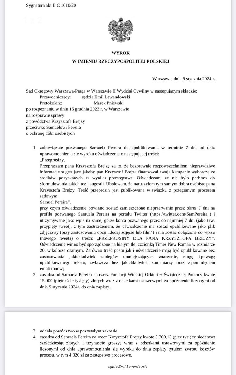 Dorota_Brejza's tweet photo. Publikuję wyrok w wygranym procesie @KrzysztofBrejza z Samuelem Pereirą. 

Wyrok z 09 stycznia 2024 r. https://t.co/NDw9qhDRdj