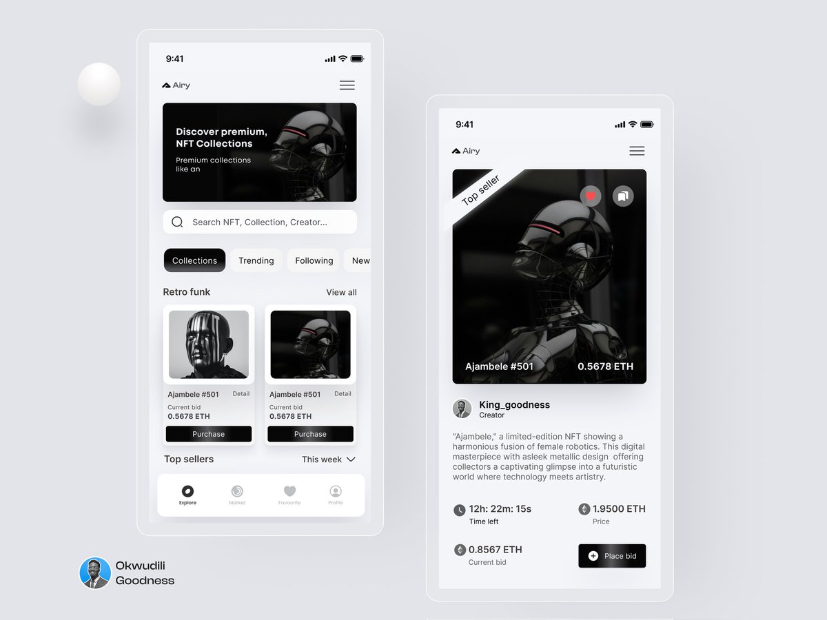 Hello twitter ✨
Here's my first UI design post of the year, done on <a href="/figma/">Figma</a>

#Nft mobile app exploration ✨

#web3 #blockchain #bitcoin #dao #uiux #productdesign #fintech