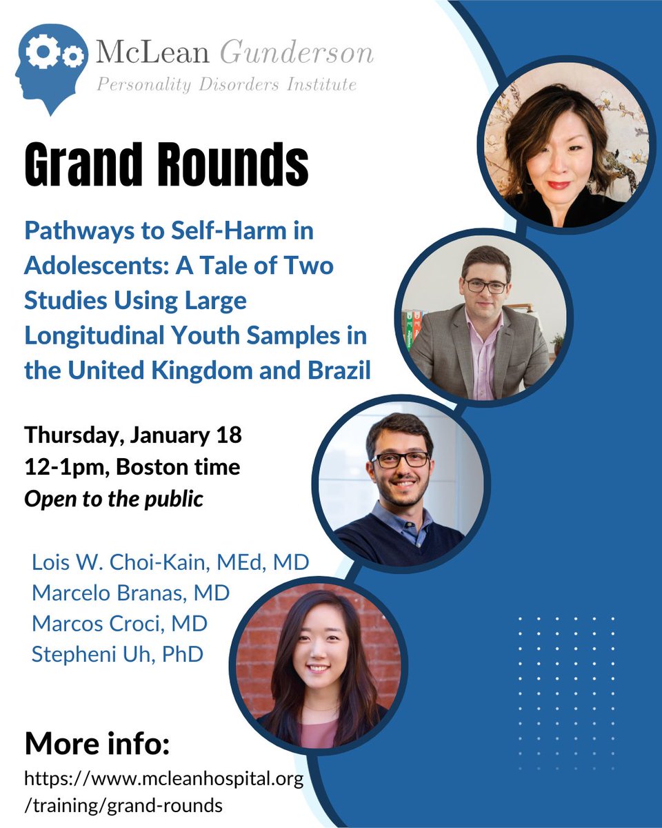 gundersonpdi's tweet photo. Don't miss our grand rounds at McLean next Thursday on two large prospective longitudinal studies of youths who develop self-harm. 
https://t.co/g5a5ZisLLh https://t.co/neFrfaIxqV