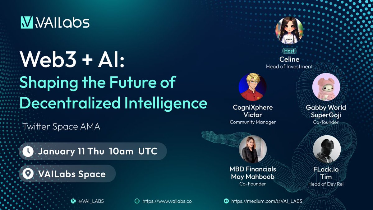 🔔AMA Time🔔 🔥#AMA Topic: #Web3 + #AI: Shaping the Future of Decentralized Intelligence 📅Date: January 11th, 2024 Thursday 10am UTC 🔗Venue：twitter.com/i/spaces/1lDGL… 🎟️Earn 3 Extra New Raffle Tickets: rewards.taskon.xyz/campaign/detai… 🎙️Host: @VAI_LABS 💬Speakers: @MBDFinancials…