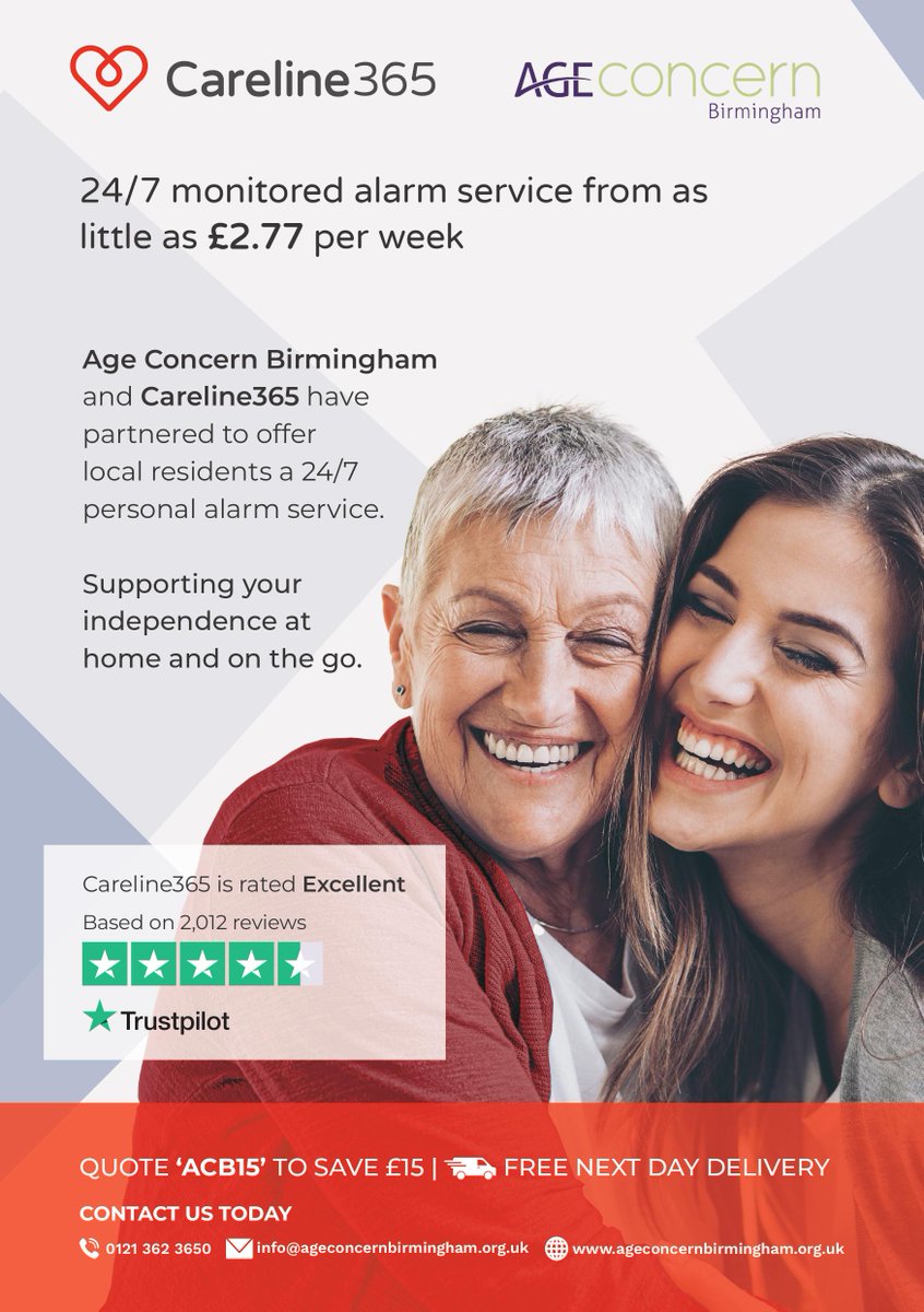Did you know Age Concern Birmingham and Careline365 have partnered to offer local residents a 24/7 personal alarm service? A personal alarm is a great way to support independence at home and on the go. You can quote ACB15 to save £15. Please call 0121 362 3650 to discover more