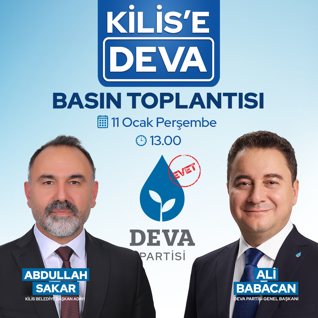 Kilis'e DEVA

11 Ocak Perşembe saat 13.00'te Kilis Belediye Başkan Adayımız Abdullah Sakar ile basın toplantısı düzenleyeceğiz.

🗓 11 Ocak Perşembe 13.00
📍 Beyaz Köşk Düğün Salonu

Canlı yayın: youtu.be/wBDKWqCuiMA

#TürkiyeyeDEVA