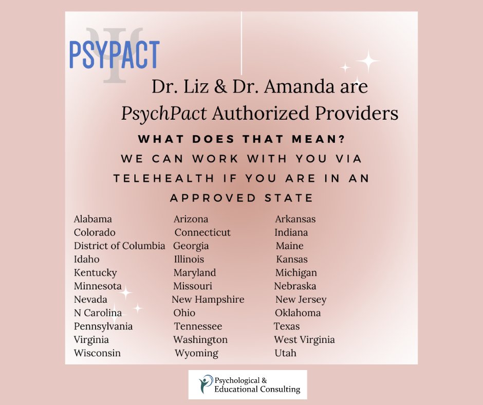 DrLiz1's tweet photo. Are you looking for a therapist but you live outside of NJ? Dr. Liz &amp; Dr. Amanda are PsychPact providers! Check to see if your state is on the list!
https://t.co/gePOhvsrA8
#drlizmatheis #psypact #psychologist #therapy #mentalhealth #depression #anxiety #ADHD #autism #parenting https://t.co/gjX3pEo9Zt