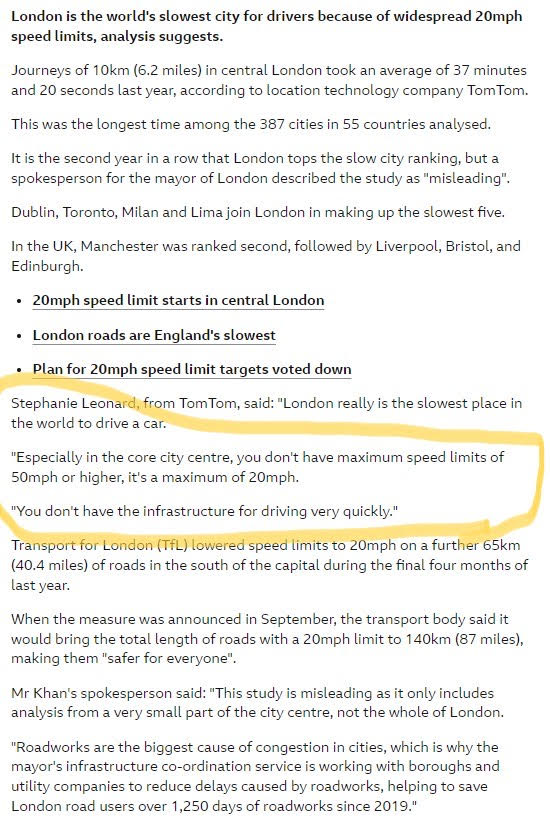 Why on earth do TomTom want people driving at 50mph+ in Central London? This is yet another publicity seeking 'report' from a SatNav company. The fact is journey times in London are the same as 2019 & safer speed limits have not increased congestion. bbc.co.uk/news/uk-englan…