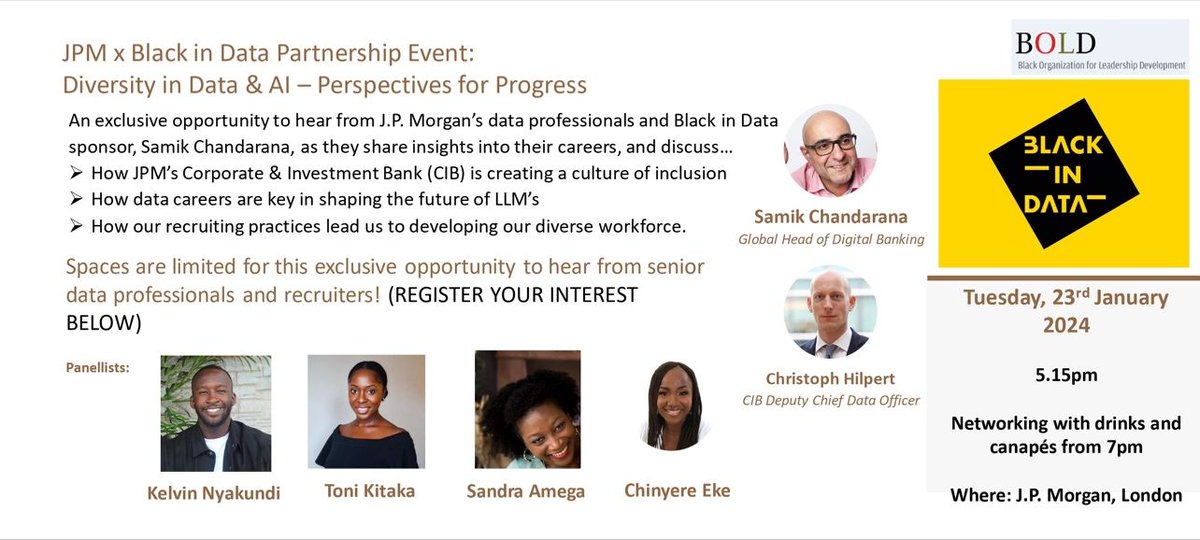🌟 Exciting News! Join us at 'Diversity in Data: Perspectives for Progress,' a collaboration between <a href="/jpmorgan/">J.P. Morgan</a> and <a href="/Blackin_Data/">Black in Data</a> 

Meet Samik Chandarana, Christoph Hilpert, <a href="/Devina_BiD/">Devina</a> and <a href="/Sadiqah_BiD/">Sadiqah Musa 🇳🇬🇬🇧</a> 

📍Jan 23, 2024 🕔 5:15 - 8:00 pm 🌍 London 
register forms.gle/Rie3UF6KS2hdrc…