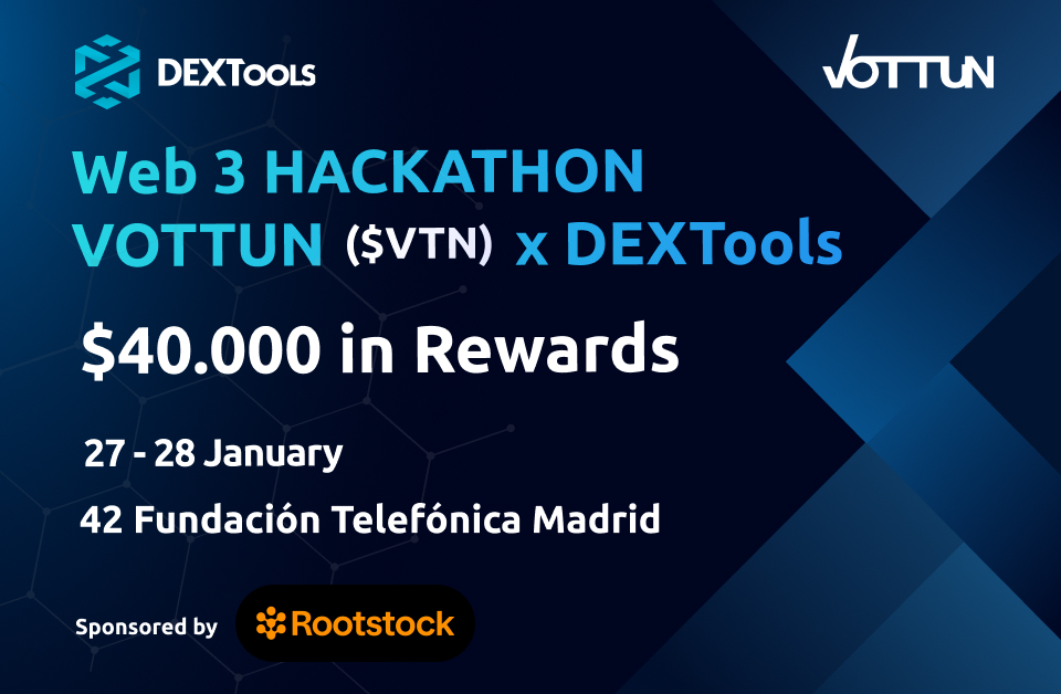 💰 $40,000 in prize money confirmed!

Do you want to start developing in Web3 and win a nice pinch?🤑
👉 vottun.com/hackathon/  

Don't miss the opportunity to be part of our next Hackathon together with <a href="/DEXToolsApp/">DEXTools</a>, hand in hand with <a href="/rootstock_es/">Rootstock Español</a>.