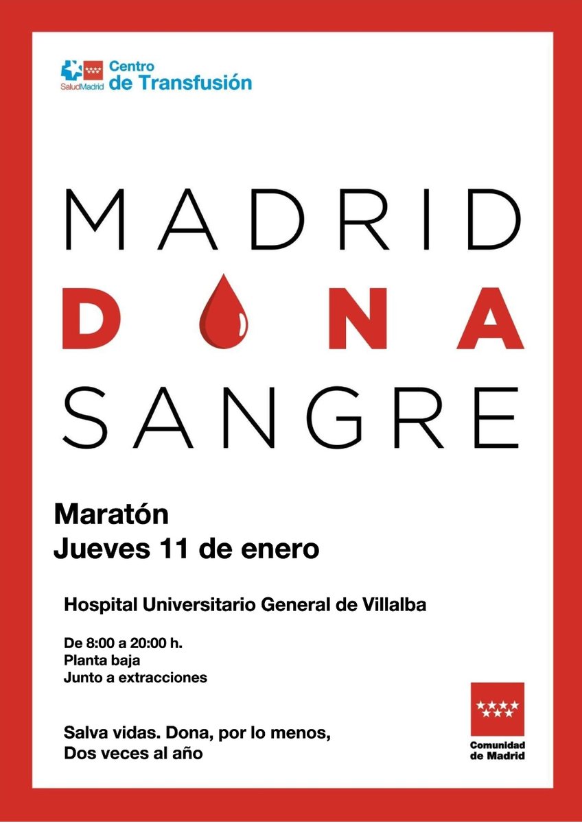 #Agenda📅 Recuerda que mañana organizamos un nuevo Maratón de Donación de Sangre. Te esperamos en nuestro Servicio de Donación ubicado en la planta baja del hospital, junto a Extracciones, de 08:00h. a 20:00h. ¡Anímate y dona!