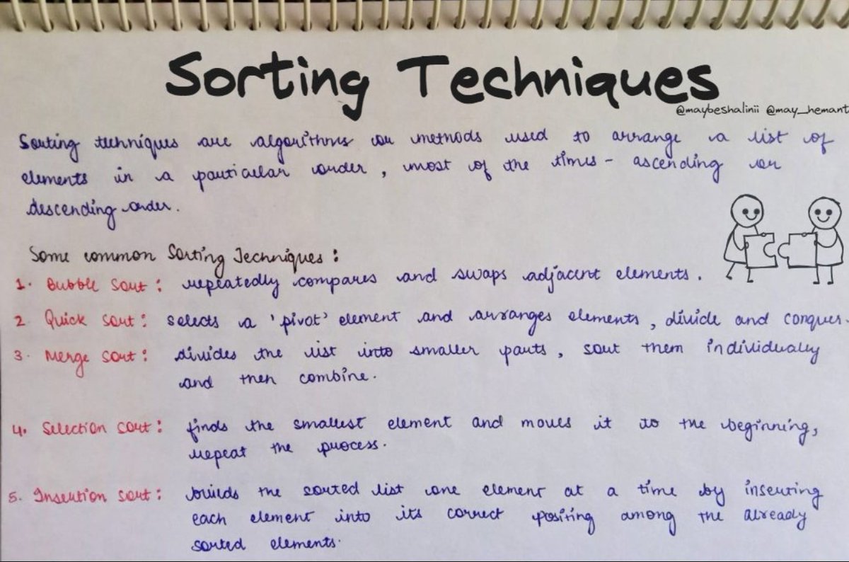 maybeshalinii's tweet image. Day 6 of #DSAeveryday 🚀
Topic covered:
- Introduction to Sorting Techniques
Sorting techniques are fundamental algorithms in computer science used to arrange a collection of items in a specific order, typically ascending or descending. Each sorting technique has its unique…