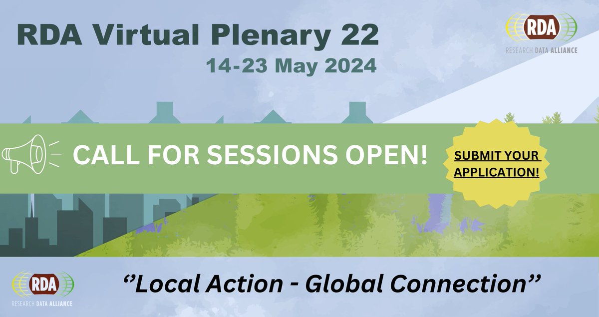 Call for #RDAPlenary 22nd remains open. We invite the RDA working and interest groups including Birds of a Feather submissions.

Share your expertise with the data professionals from around the world!

📍Deadline 13th February 2024
📍Submission link bit.ly/3RQCTIn