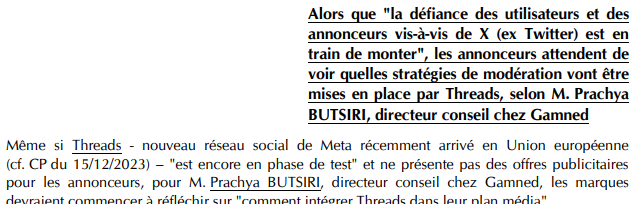 #AujourdhuiDansLaCorres Alors que « la défiance des utilisateurs et des annonceurs vis-à-vis de X est en train de monter », les annonceurs attendent de voir quelles stratégies de modération vont être mises en place par Threads, dit le directeur conseil de Gamned Prachya Butsiri.