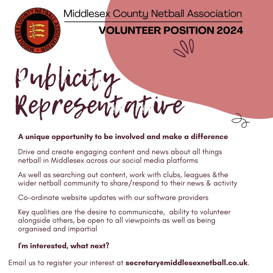 Netball in Middlesex (@ndomiddlesex) on Twitter photo 📢 Middlesex County Netball Association is looking for a Publicity Rep!
Are you a creative communicator, able to work well with others, and passionate about the growth of netball in Middlesex?
Email secretary@middlesexnetball.co.uk to find out more, we'd love to hear from you! 📢 Middlesex County Netball Association is looking for a Publicity Rep!
Are you a creative communicator, able to work well with others, and passionate about the growth of netball in Middlesex?
Email secretary@middlesexnetball.co.uk to find out more, we'd love to hear from you!