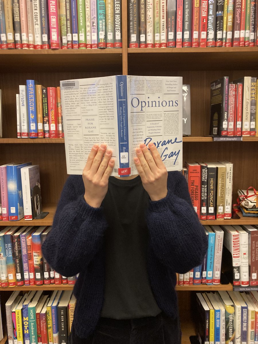 What are your New Year's Reading Resolutions? We have dozens of collections from sci-fi and mysteries to graphic novels, cookbooks, and popular fiction to help you achieve them! Here's staff member Yoon kicking off 2024 with @rgay's essay collection 'Opinions'! #libraries 📚