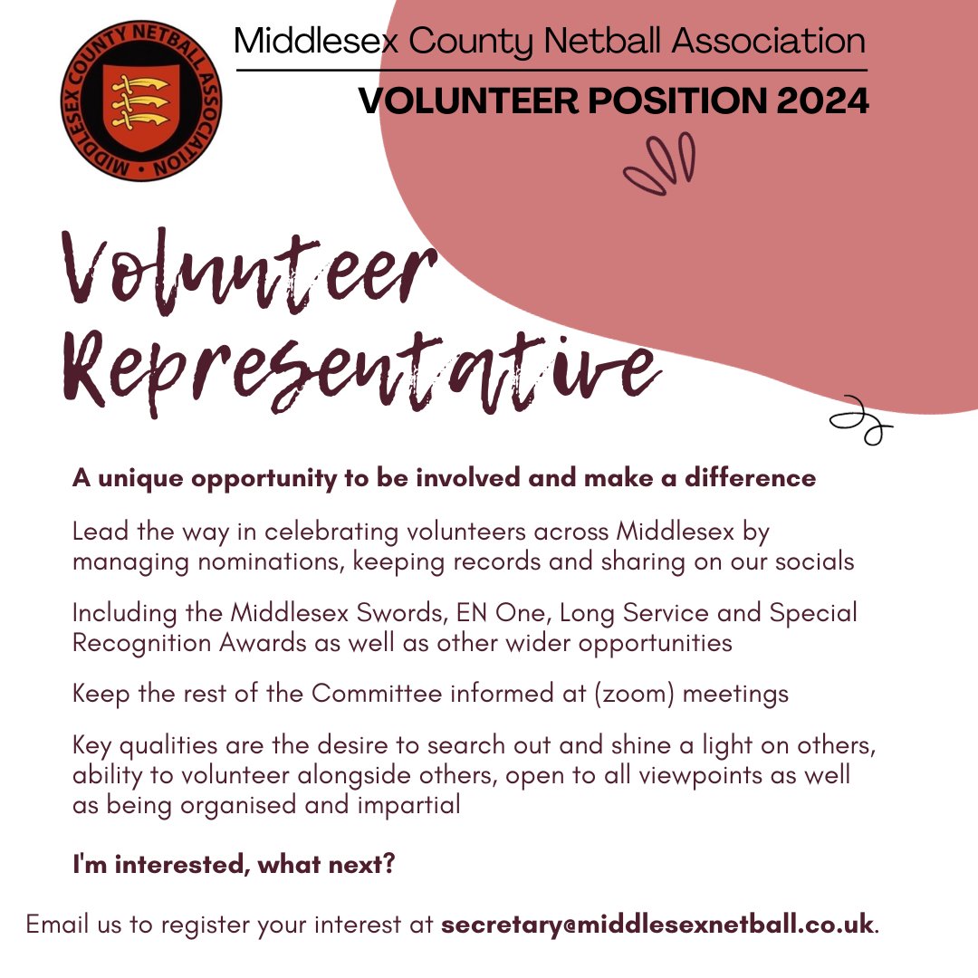 Netball in Middlesex (@ndomiddlesex) on Twitter photo 📢 Volunteer opportunity!
Middlesex County Netball Association is recruiting for a volunteer representative.
Are you passionate about celebrating the hard work of our volunteers?
Contact secretary@middlesexnetball.co.uk to find out more, we'd love to hear from you! 📢 Volunteer opportunity!
Middlesex County Netball Association is recruiting for a volunteer representative.
Are you passionate about celebrating the hard work of our volunteers?
Contact secretary@middlesexnetball.co.uk to find out more, we'd love to hear from you!