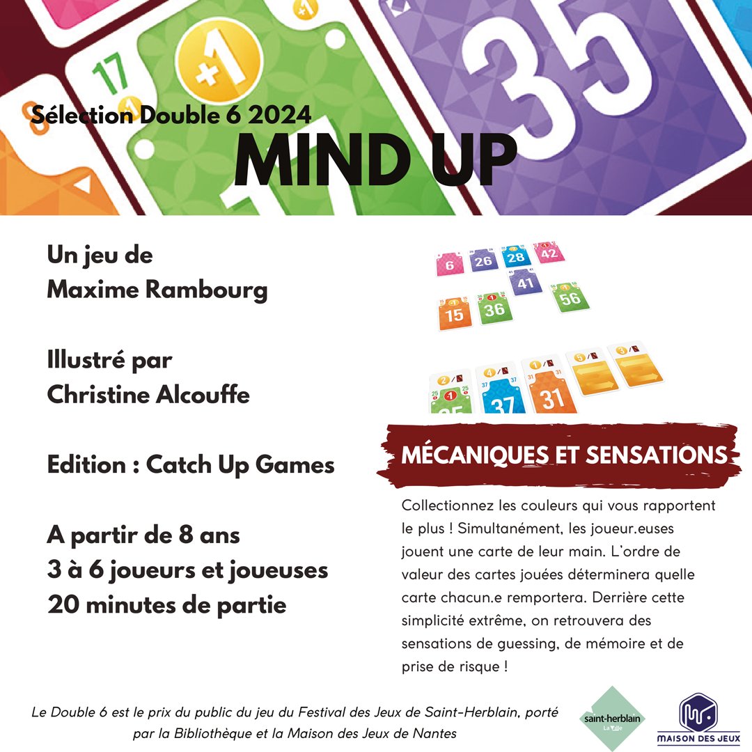 Kfeedesjeux's tweet photo. Votez pour le Double 6 !
Vous avez jusqu'au 24 février pour jouer et voter pour:
Mind Up, de Maxime Rambourg illustré par Christine Alcouffe édité par Catch Up Games

#j2s #kfeedesjeux #double6 #jouezvotez #cafeludique #cafejeux #barajeux #grenoble #mindup https://t.co/T03xkZT1ou