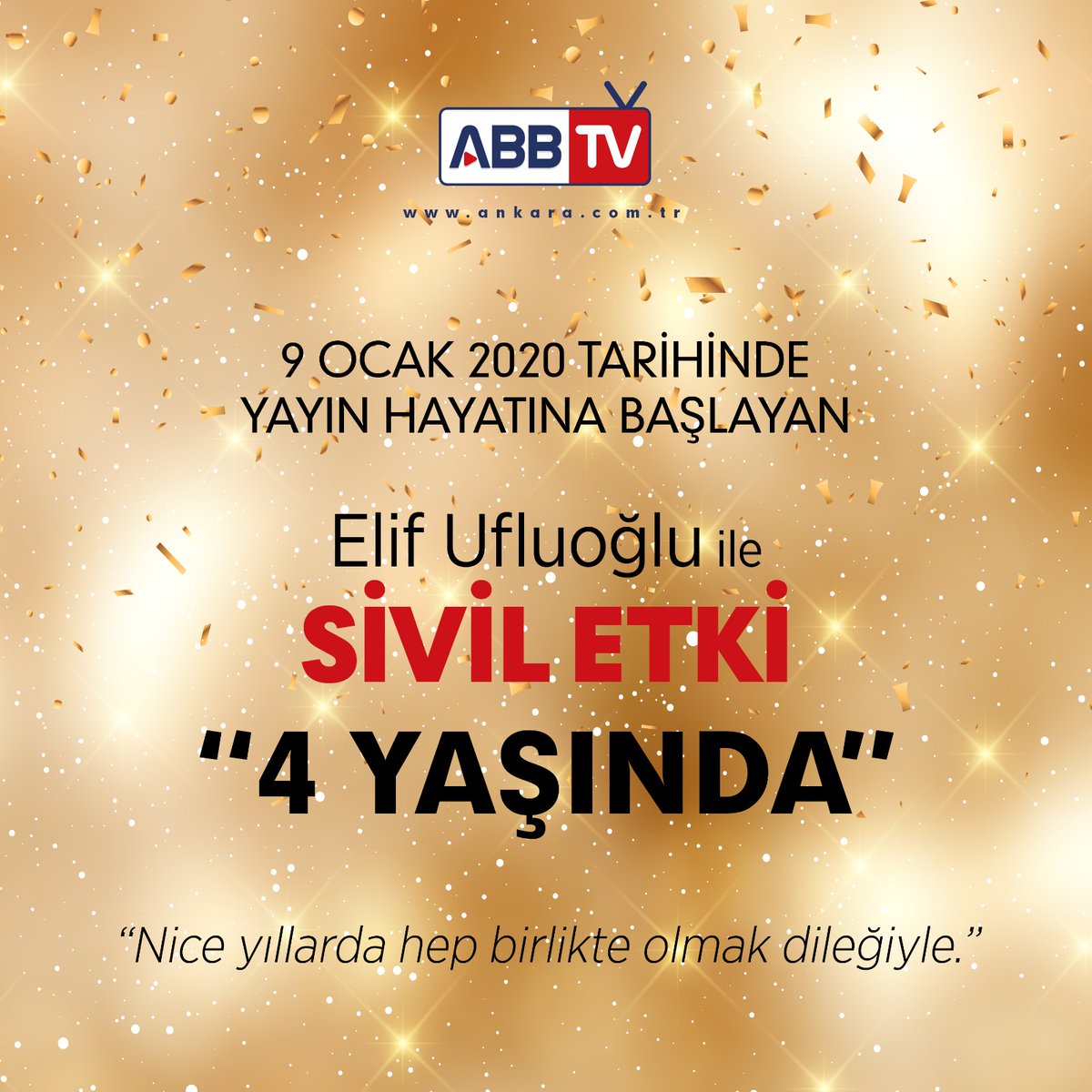 9 Ocak 2020 tarihinde yayın hayatına başlayan, Elif Ufluoğlu’nun hazırlayıp sunduğu “Elif Ufluoğlu ile Sivil Etki”  4 Yaşında... 

#elifufluoğlu #siviletki #elifufluoğluilesiviletki #ankarabüyükşehirbelediyesi #abb #abbtv #canlıyayın