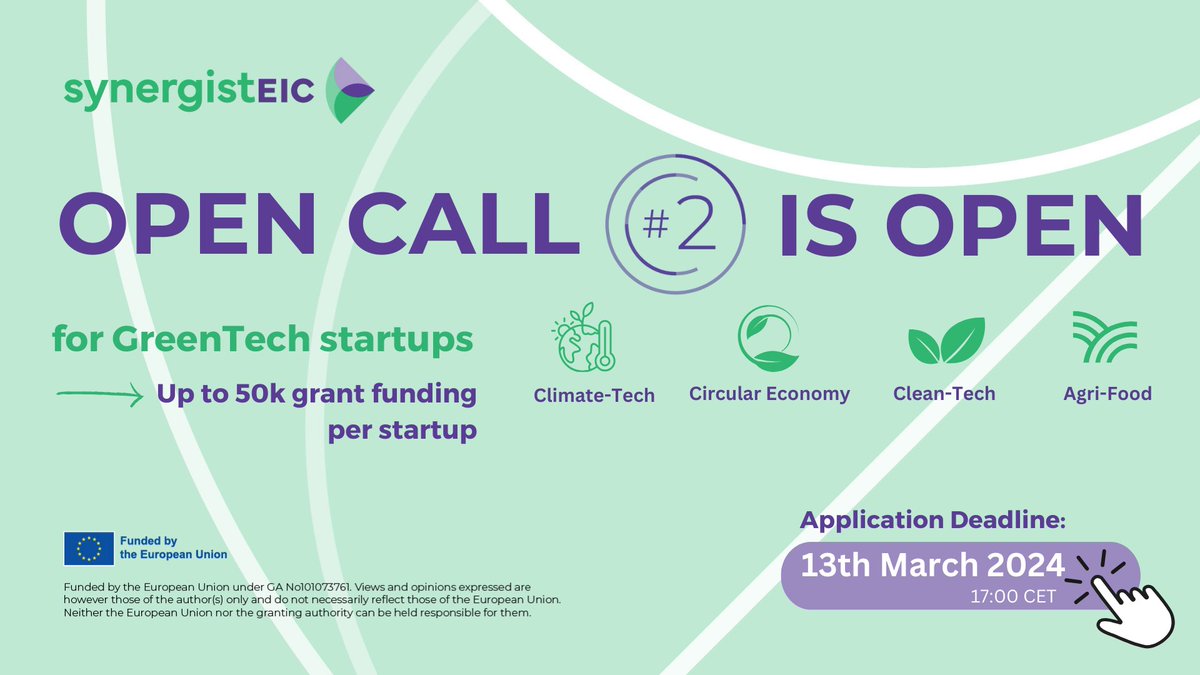 🚀Our Second #OpenCall for #GreenTech is officially open ! 🌱
💰 Secure up to 50k in grant funding and gain access to our SynergistEIC Programme ! 📈
💻 Information  to apply: synergisteic.eu/open-calls/ope…
<a href="/EU_EISMEA/">EISMEA</a> <a href="/EUeic/">European Innovation Council</a>
#GrantFunding #Innovation #eicaccelerator #venturecapital