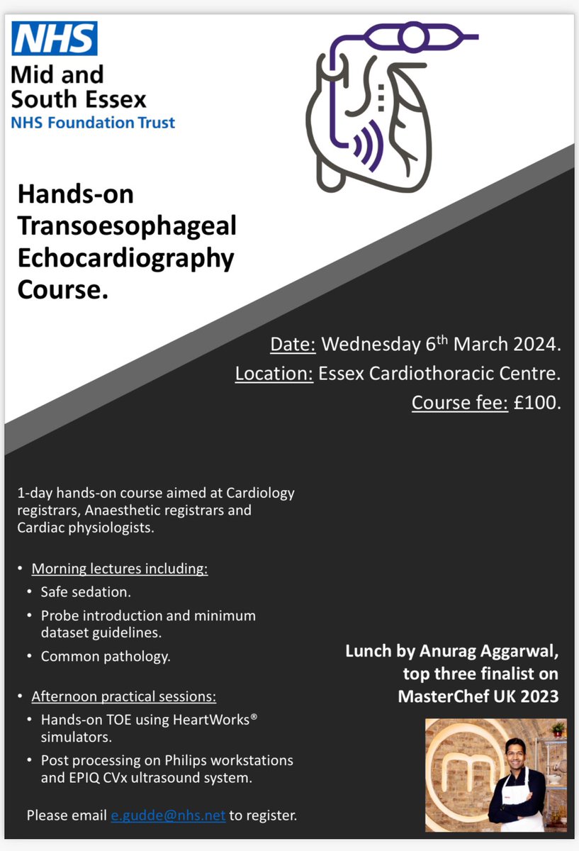 🚨Transoesophageal Echocardiography course🚨 Essex Cardiothoracic Centre, Wednesday 6th March 2024 ✔️Safe sedation ✔️Hands-on TOE using HeartWorks simulators @SmarterScanning ✔️Post processing on @Philips workstations ⭐️Lunch by Anurag Aggarwal, finalist MasterChef UK 2023⭐️