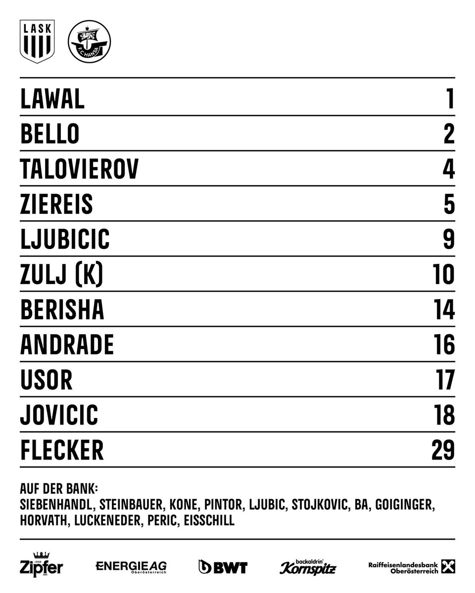 LASK_Official's tweet photo. Unsere Startelf für den ersten Test gegen Hansa Rostock ⚽️
Zum Livestream: https://t.co/nGbttWpmD4
#ASKFCH #Testspiel https://t.co/SqYcLQ2k4N