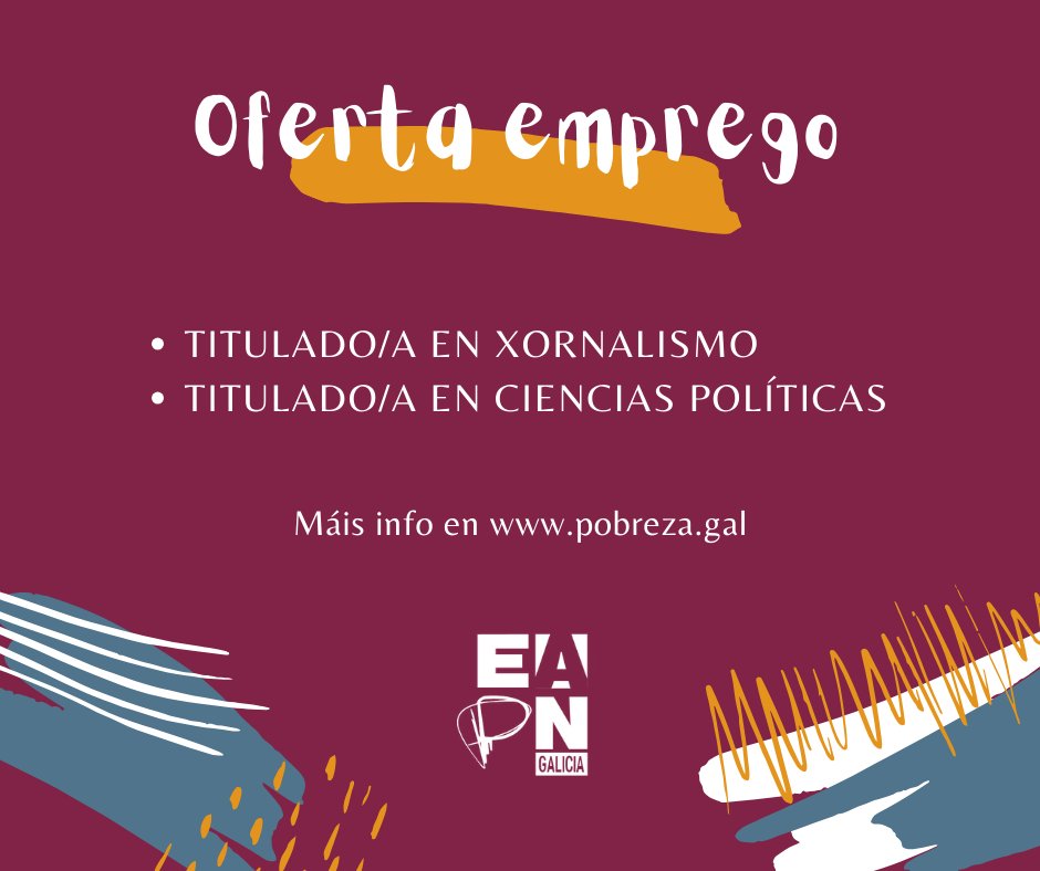 EAPNGalicia's tweet photo. ❗️Queres traballar en EAPN Galicia? Buscamos tituladas en Xornalismo e Ciencias Políticas  

As persoas interesadas poden enviar a súa candidatura ao enderezo electrónico info@eapn-galicia.com ata o 18 de xaneiro de 2024 ás 15.00h  

👉Mais info. https://t.co/TEZBKtGUUw https://t.co/kDsSmus6DW