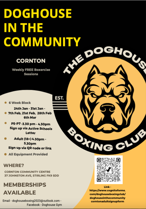 Tom Gebbie (@tomgebbiecao) on Twitter photo Doghouse Boxing Club are providing FREE Boxing Sessions for Cornton Community Members Jan-Mar!
Check out the below flyer & sign up! Adults via poster & Primary through Active Schools Letter!
<a href="/ActiveSchoolStg/">Stirling Active Schools 🏳️🌈</a> <a href="/activestirling1/">Active Stirling Ltd</a> <a href="/ClubSportStlg/">ClubSport Stirling</a> <a href="/StirlingCouncil/">Stirling Council</a> <a href="/CorntonS/">Cornton Primary School</a> Doghouse Boxing Club are providing FREE Boxing Sessions for Cornton Community Members Jan-Mar!
Check out the below flyer & sign up! Adults via poster & Primary through Active Schools Letter!
<a href="/ActiveSchoolStg/">Stirling Active Schools 🏳️🌈</a> <a href="/activestirling1/">Active Stirling Ltd</a> <a href="/ClubSportStlg/">ClubSport Stirling</a> <a href="/StirlingCouncil/">Stirling Council</a> <a href="/CorntonS/">Cornton Primary School</a>
