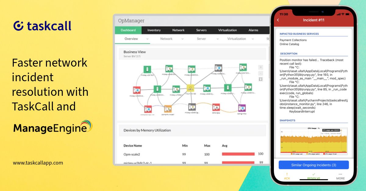 taskcallapp's tweet photo. Introducing TaskCall's ManageEngine OpManager integration. Connect OpManager with TaskCall to identify and resolve network issues before it trickles down to your customers. Learn more at: https://t.co/BkmCwD72lD
#manageengine #taskcall #Incident https://t.co/gk7VnB50jC