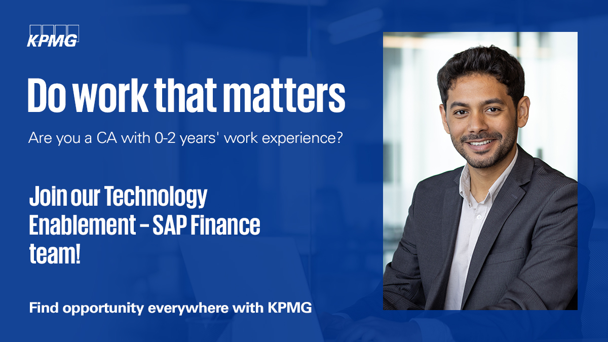 KPMGIndia's tweet photo. Are you a #CA with 0-2 years work experience? Apply for positions in #SAPFinance, @KPMGIndia:
๐ Bangalore: https://t.co/TufpZZ1mRe
๐ Gurgaon: https://t.co/TufpZZ1mRe
๐ Mumbai: https://t.co/62WQVPqKOb
๐ Chennai: https://t.co/hC8i9goltM
๐ Ahmedabad: https://t.co/It7SFFqOva https://t.co/a8t1kxpnbX