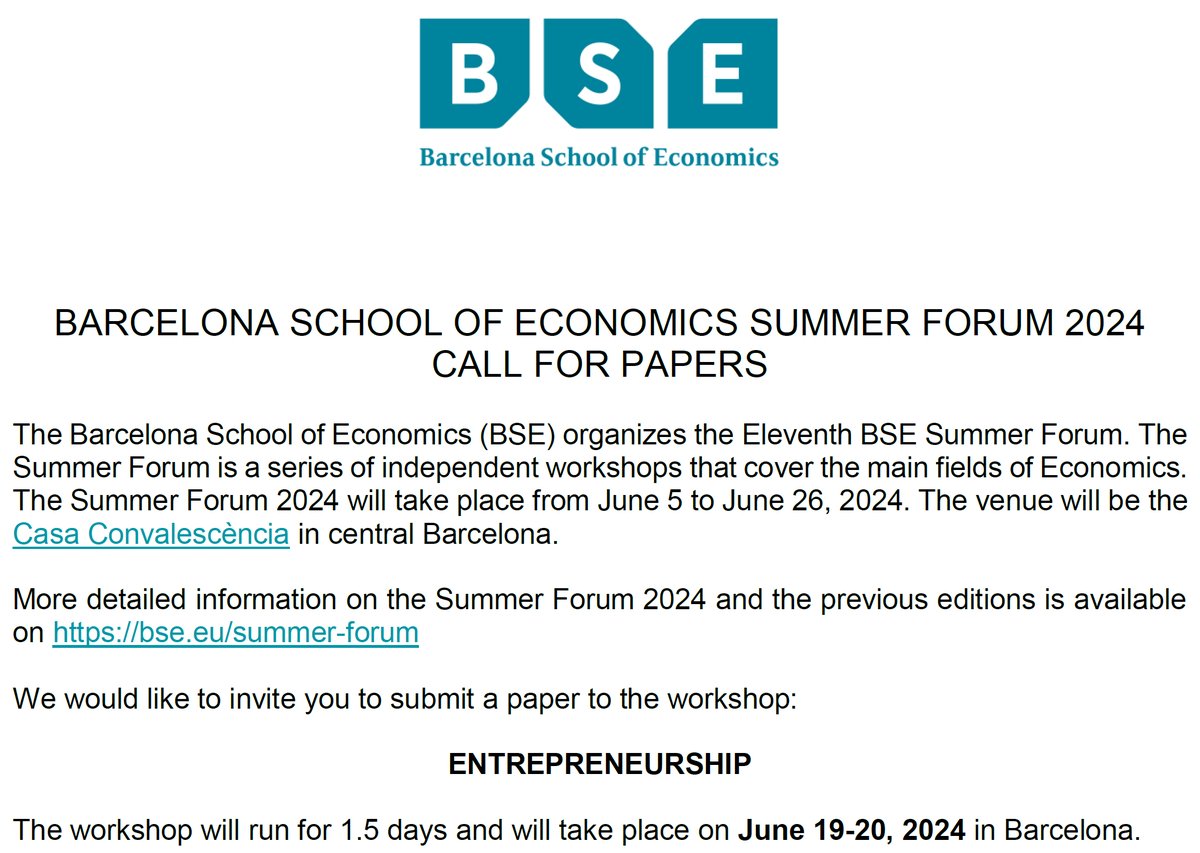 Theo Vladasel (@theovladasel) on Twitter photo 🚨Send your best work and join us for the 5th <a href="/bse_barcelona/">Barcelona School of Economics</a> Summer Forum on #Entrepreneurship June 19-20 2024, featuring a keynote by the great <a href="/SharonBelenzon/">Sharon Belenzon</a>!
Read more at bse.eu/summer-forum/w… and submit by February 28🚨
CC <a href="/MvP_VanPraag/">Mirjam van Praag</a> <a href="/mircea_epure/">Mircea Epure</a> <a href="/econ_empresaUPF/">Economia i Empresa UPF</a> 🚨Send your best work and join us for the 5th <a href="/bse_barcelona/">Barcelona School of Economics</a> Summer Forum on #Entrepreneurship June 19-20 2024, featuring a keynote by the great <a href="/SharonBelenzon/">Sharon Belenzon</a>!
Read more at bse.eu/summer-forum/w… and submit by February 28🚨
CC <a href="/MvP_VanPraag/">Mirjam van Praag</a> <a href="/mircea_epure/">Mircea Epure</a> <a href="/econ_empresaUPF/">Economia i Empresa UPF</a>