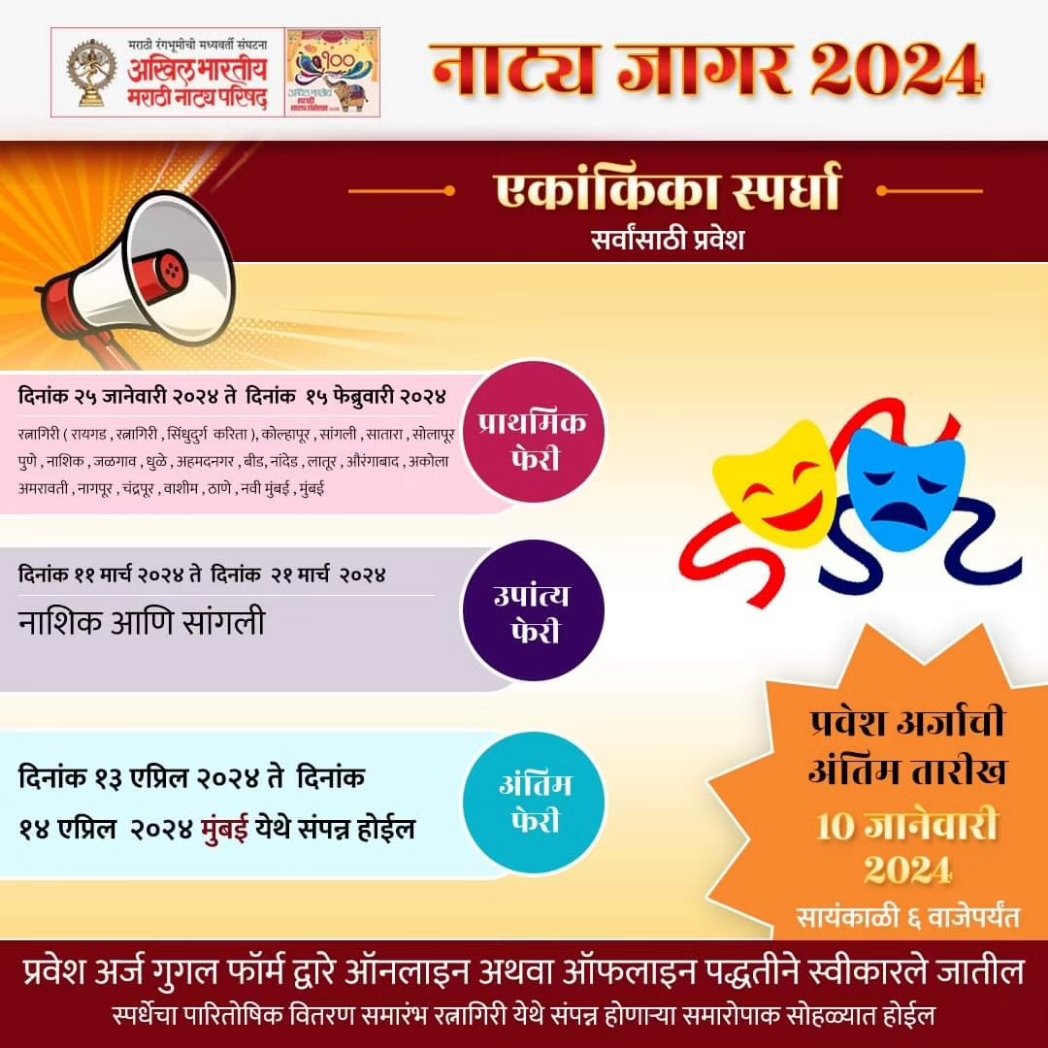Dramafocus1's tweet photo. ड्रामा Focus - 

100 वे अखिल भारतीय मराठी नाट्य संमेलन

नाट्य जागर स्पर्धा प्रवेश लिंक

एकांकिका - https://t.co/THFo95CjzI 

नाट्य वाचन - https://t.co/rcaHsv8TSn 

नाट्य संगीत पद - https://t.co/lS9mAONWuI 

बालनाट्य - https://t.co/ctuQOLOdEj 

एकपात्री -https://t.co/6XmlSMEipE https://t.co/pzQ0drX6oY