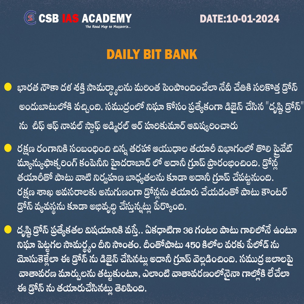 నౌకాదళ ఇంటెలిజెన్స్  డ్రోన్ 'దృష్టి'

#drdo #DrishtiDrone #ISR #NavalIntelligence #India #dailycurrentaffairs #balalathamadam #csbiasacademy