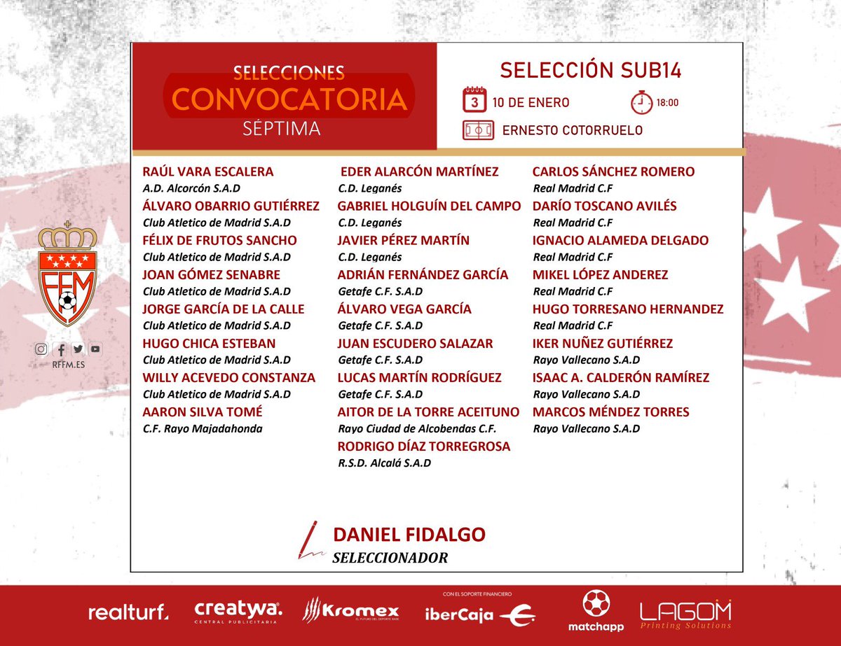 RFFM_oficial's tweet photo. 📝 Convocatoria de la Selección Sub-14 masculina de Madrid https://t.co/k7B6qJ4K29