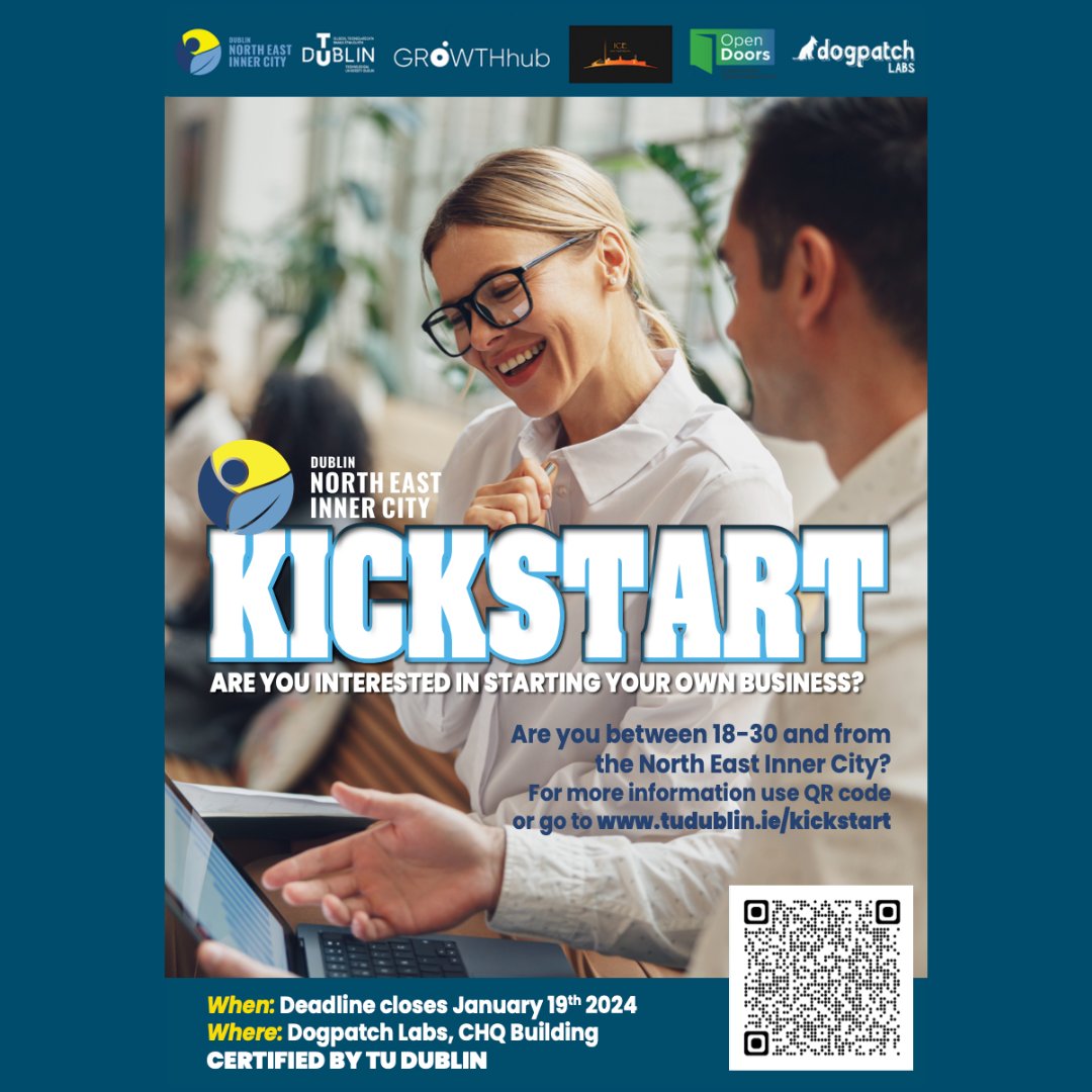 NEIC Kickstart:
👉 10 week Entrepreneurship Programme.
👉 age 18-30 living in Dublin North East Inner City 
👉turn your idea into self-employment 

🔥 Find out more &amp; applications: tudublin.ie/kickstart