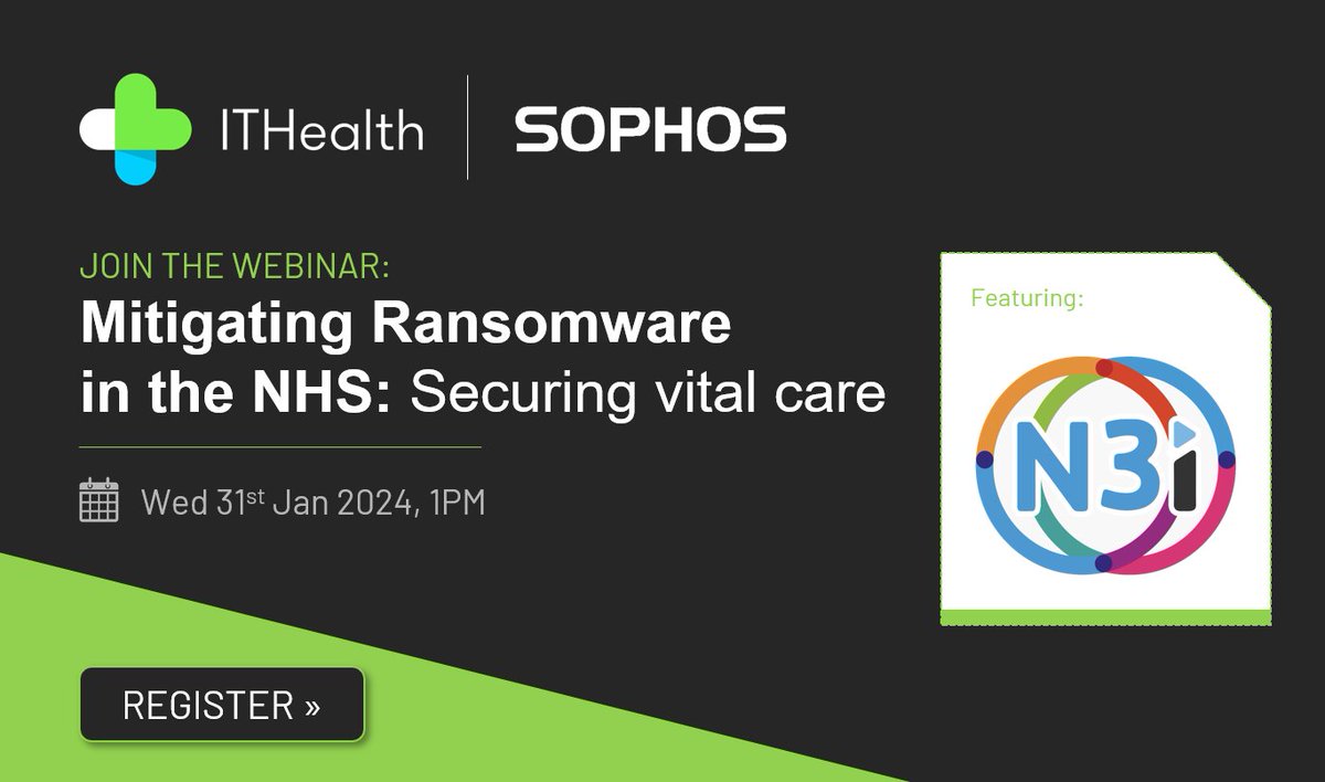 ITHealth (@ithealthuk) on Twitter photo Are you concerned about how #ransomware can impact the safety of patient data and care at your #NHS org?📌Join ITHealth & <a href="/Sophos/">Sophos</a> on 31 Jan as we talk to Head of Infrastructure at N3i as he explains how #SophosMDR is helping them mitigate ransomware risk. attendee.gotowebinar.com/register/29408… Are you concerned about how #ransomware can impact the safety of patient data and care at your #NHS org?📌Join ITHealth & <a href="/Sophos/">Sophos</a> on 31 Jan as we talk to Head of Infrastructure at N3i as he explains how #SophosMDR is helping them mitigate ransomware risk. attendee.gotowebinar.com/register/29408…