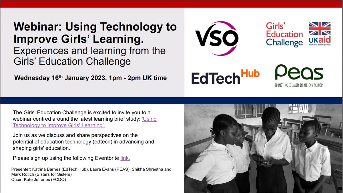 Please join us on 16 January at 1pm UK time for a webinar centred around the latest learning brief from the Girls' Education Challenge: 'Using Technology to Improve Girls' Learning' 
Read it here: bit.ly/3qQmWYV
Sign up here: bit.ly/3Hb5mUjge