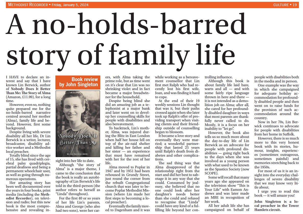 BerwickCHC's tweet photo. Another couple of reviews just in, by the journalist, @Sudifoodie  and John Singleton, from the Methodist Recorder, about my book 'Nobody Does it Better than Me: The Story of Alma' - available from Austin Macauley Publishers, Amazon, and Waterstones.  https://t.co/GxwIZ8KLna https://t.co/Yb0XAhBdwr