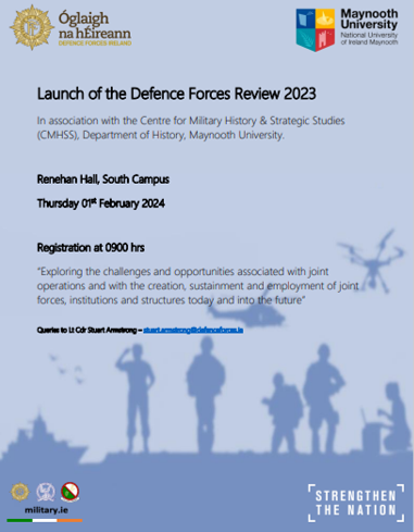 Defence Forces Review Launch 01 Feb 2024 Best wishes to our colleagues Dr Rory Finnegan, Prof Ian Speller and Dr Laura Brown, who with their Defence Forces colleagues Comdt Simon Keenan and Lt Cdr Stuart Armstrong (NS), will launch the Defence Forces Review (2023).
