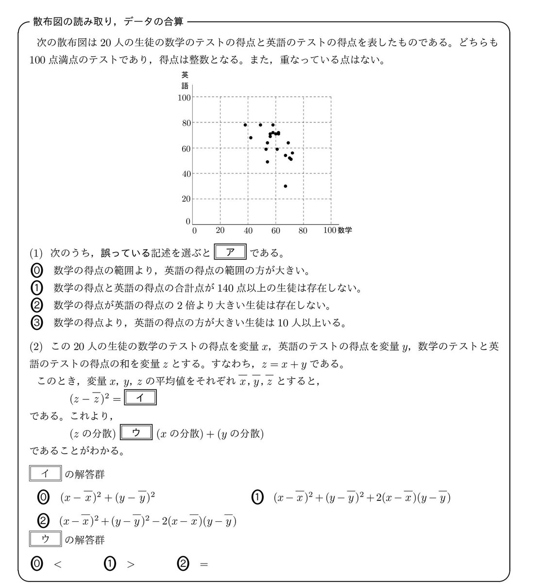 散布図の読み取りと、2つのデータを合わせた分散の問題。慣れておきたい。→解答