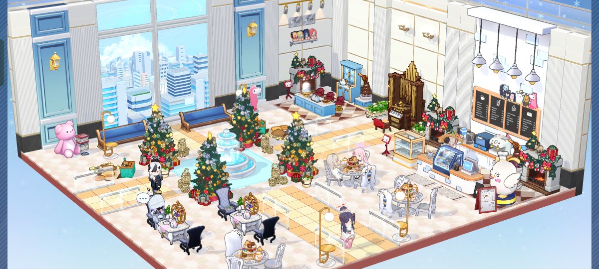 「こっちは年末までメインカフェにしていたクリスマスの噴水広場 クリスマス家具がツリ」|赤りんごのイラスト