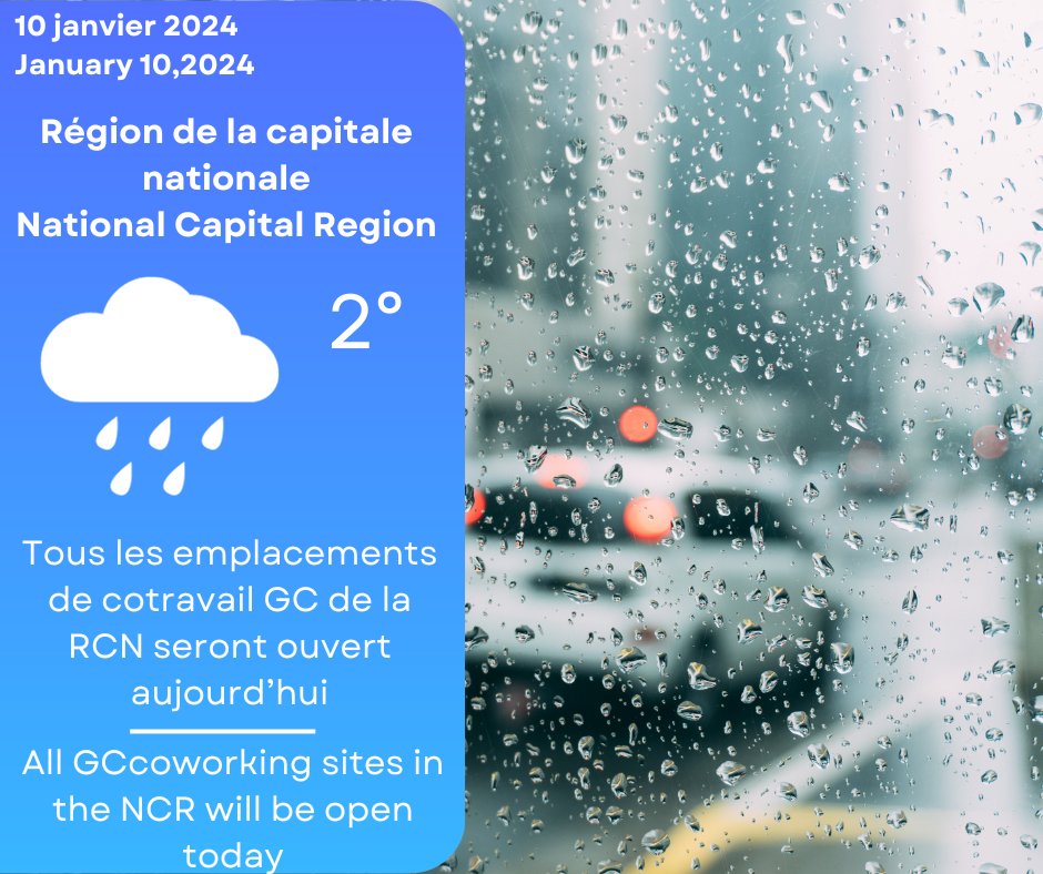Région de la capitale nationale
National Capital Region

Tous les emplacements de cotravail GC de la RCN seront ouvert aujourd’hui 🌧️

All GCcoworking sites in the NCR will be open today 🌧️

@Communauté cotravail GC / GCcoworking community
facebook.com/groups/1054875…