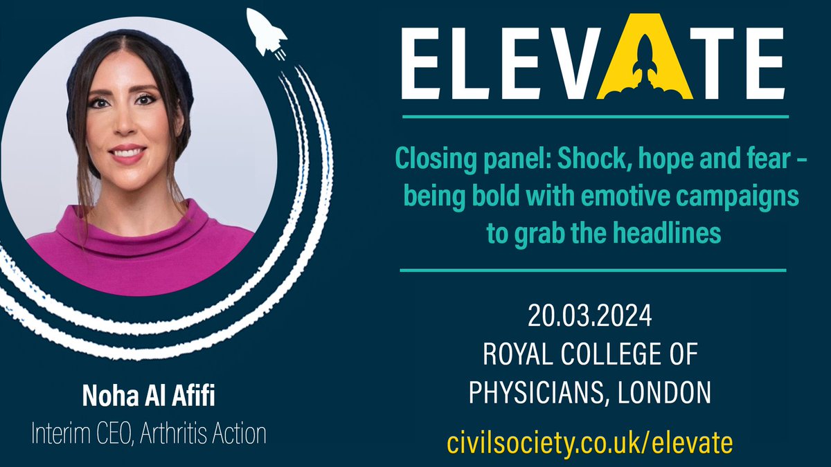 Join Noha Al Afifi (@Nalafifi), interim CEO, @Arthritis_ACTN at Elevate 2024 to discuss getting the right balance when it comes to emotive campaigns.

View the full programme and line-up of speakers: civilsociety.co.uk/elevate