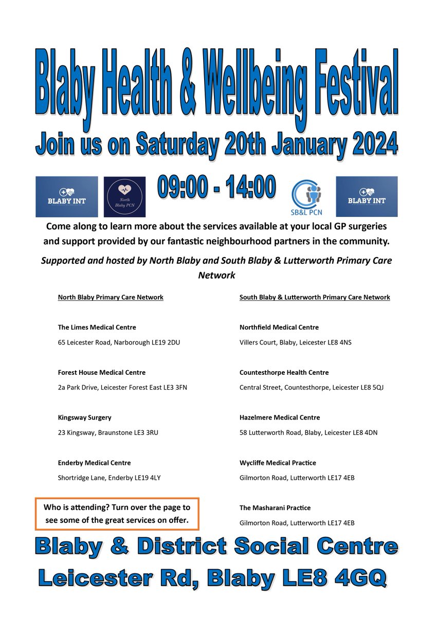 LLRICBCancer's tweet image. Join the Blaby Health &amp;amp; Wellbeing Festival on Saturday 20th January 2024 from 9am till 2pm at Blaby District &amp;amp; Social Centre, Leicester Road Blaby, LE8 4GQ.
See more information on the event on the attached Poster. #NHS #LLRICB #Cancer @NHS_LLR