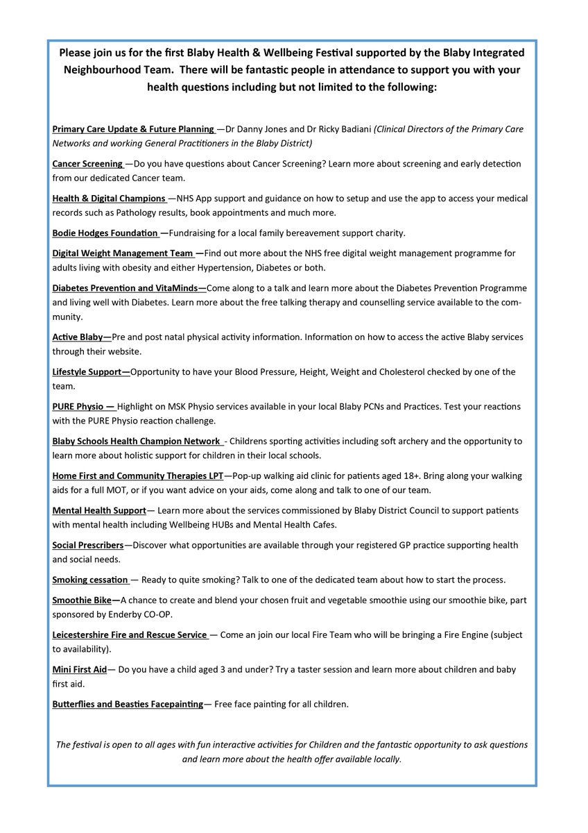 Join the Blaby Health &amp; Wellbeing Festival on Saturday 20th January 2024 from 9am till 2pm at Blaby District &amp; Social Centre, Leicester Road Blaby, LE8 4GQ.
See more information on the event on the attached Poster. #NHS #LLRICB #Cancer <a href="/NHS_LLR/">NHS Leicester, Leicestershire and Rutland</a>