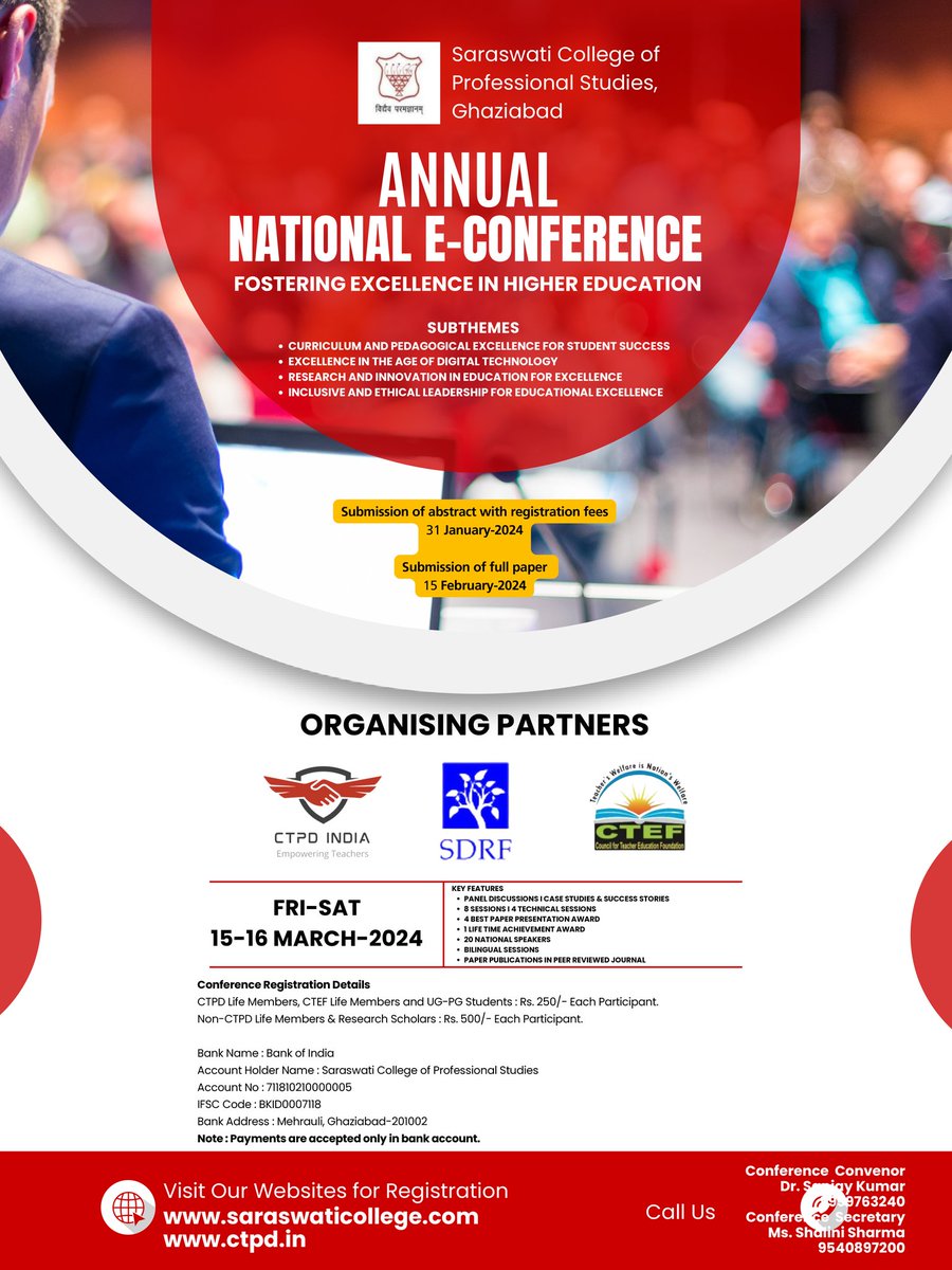 ctpdin's tweet image. Saraswati College of Professional Studies  is organising Annual E-Conference on 15-16 March 2024.
Conference WhatsApp Group Link
chat.whatsapp.com/IALmM2qqiozA4k…
Conference Registration Link 
forms.gle/oRxGRpMygDgEhT…

#SCPS #CTPD #CTPDIndia #CTEF #e_conference #annualeconference