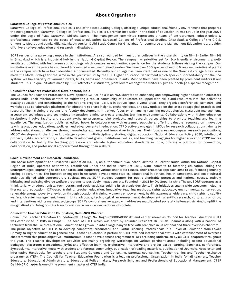 ctpdin's tweet image. Saraswati College of Professional Studies  is organising Annual E-Conference on 15-16 March 2024.
Conference WhatsApp Group Link
chat.whatsapp.com/IALmM2qqiozA4k…
Conference Registration Link 
forms.gle/oRxGRpMygDgEhT…

#SCPS #CTPD #CTPDIndia #CTEF #e_conference #annualeconference