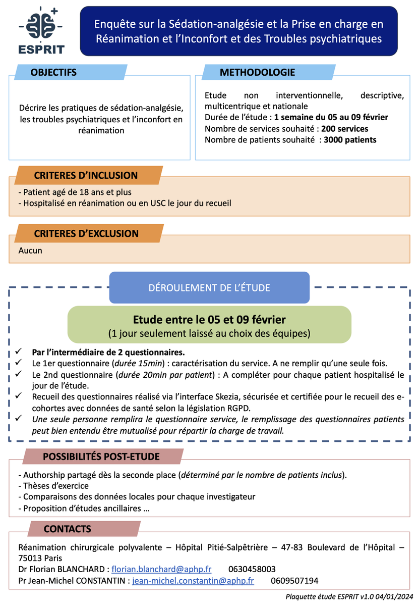 fblancha25's tweet photo. 📢 Rejoignez-nous et participez à l’étude ESPRIT, sédation, dépression et inconfort en réa 🏥

Votre participation est cruciale 🚑 
1️⃣ Sélectionnez un jour du 05 au 09 février
2️⃣ Complétez les questionnaires

💡Notre objectif? Au moins 200 services et 3000 patients. Plus d'info⬇️ https://t.co/quS84wnUv1